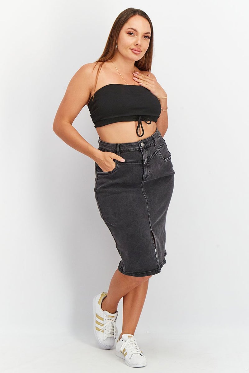 Tchibo Women Washed Front Slit Denim Midi Skirt, Black - Image 2