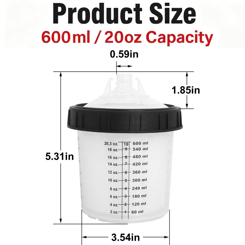 Qopaw PPS Paint Spray Gun Disposable Cups System, 600ml (20oz) Automotive Paint Mixing Kit, 50 Liners & Lids, 125 Micron Strainer, Hard Cup for HVLP & LVLP Spray Guns - Image 2