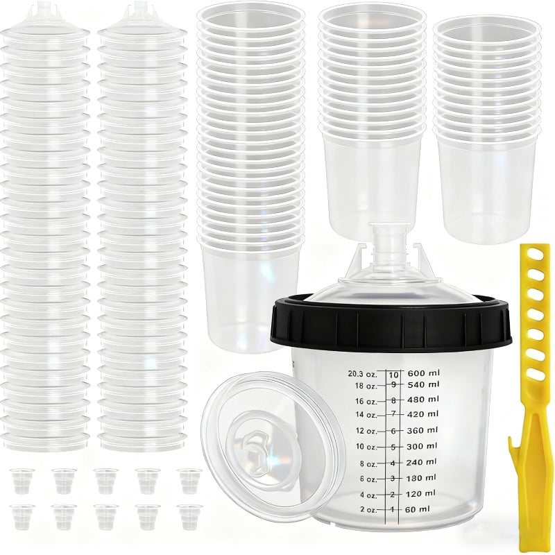 Qopaw PPS Paint Spray Gun Disposable Cups System, 600ml (20oz) Automotive Paint Mixing Kit, 50 Liners & Lids, 125 Micron Strainer, Hard Cup for HVLP & LVLP Spray Guns - Image 1