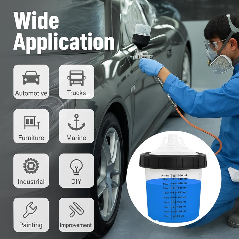 Qopaw PPS Paint Spray Gun Disposable Cups System, 600ml (20oz) Automotive Paint Mixing Kit, 50 Liners & Lids, 125 Micron Strainer, Hard Cup for HVLP & LVLP Spray Guns - Image 4