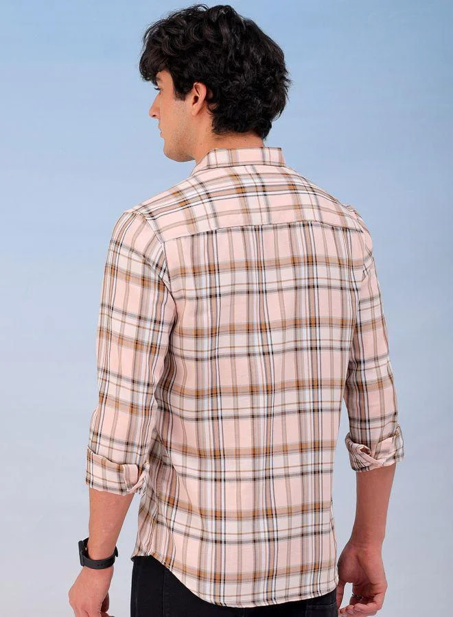 The Indian Garage Co Men Slim Fit Checkered Full Sleeves Cutaway Collar Casual Shirt