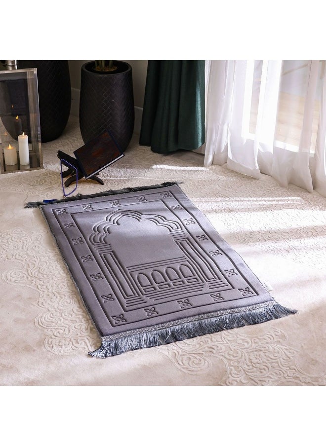 DANUBE HOME Janamaz Flannel Memory Foam Prayer Mat – Extra Soft Islamic Muslim Prayer Rug With Thick Comfort Padding – Anti-Slip, Foldable, Travel-Friendly, Gift Option - Grey - 80X120 Cm  - Image 4