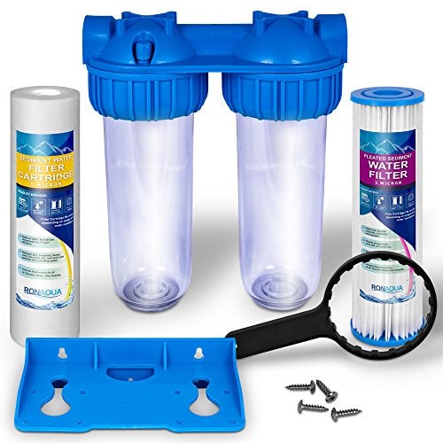 Ronaqua Dual Whole House Water Filter System, Transparent Standard Housings, Presser Relief Button, 3/4” Inlet/Outlet Brass Port, Meets NSF Standards & Regulations (5 Mic Pleated & Standard Sediment Filters) - Image 1