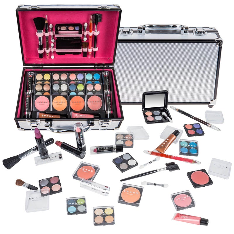 SHANY Carry All Make up Train Case with Pro Makeup Set, Beauty Brushes, Lipsticks, Eye Shadows, Blushes, Powders, and more - Reusable Cosmetics Storage Organizer - Premium Gift Packaging - Silver - Image 1