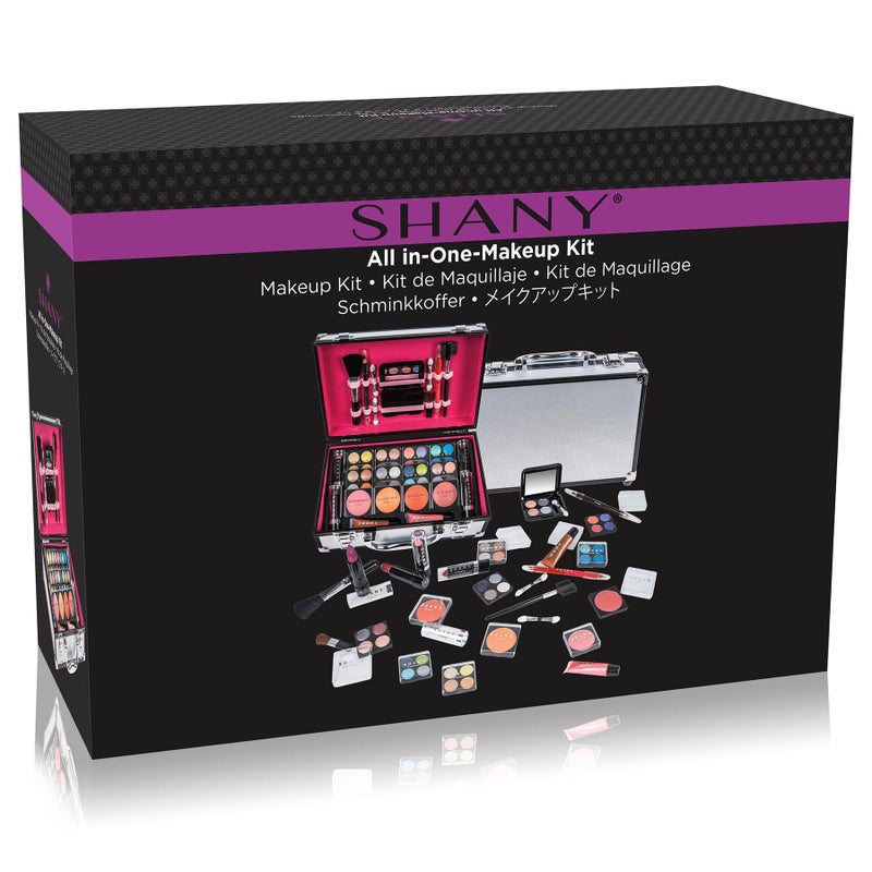 SHANY Carry All Make up Train Case with Pro Makeup Set, Beauty Brushes, Lipsticks, Eye Shadows, Blushes, Powders, and more - Reusable Cosmetics Storage Organizer - Premium Gift Packaging - Silver - Image 2