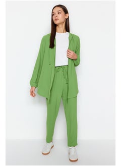 Green Hooded Zippered Cardigan-Trousers Woven Bottom-Top Set TCTSS22US0026