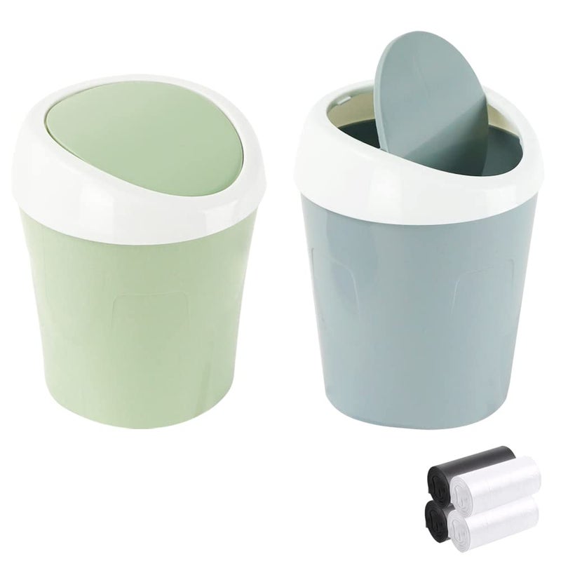 SITAKE 2 Pcs Plastic Mini Wastebasket Trash Can with 120 Trash Bags, Tiny Desktop Waste Garbage Bin with Swing Lid for Home, Office, Kitchen, Vanity Tabletop, Bedroom, Bathroom (Blue + Green) - Image 1