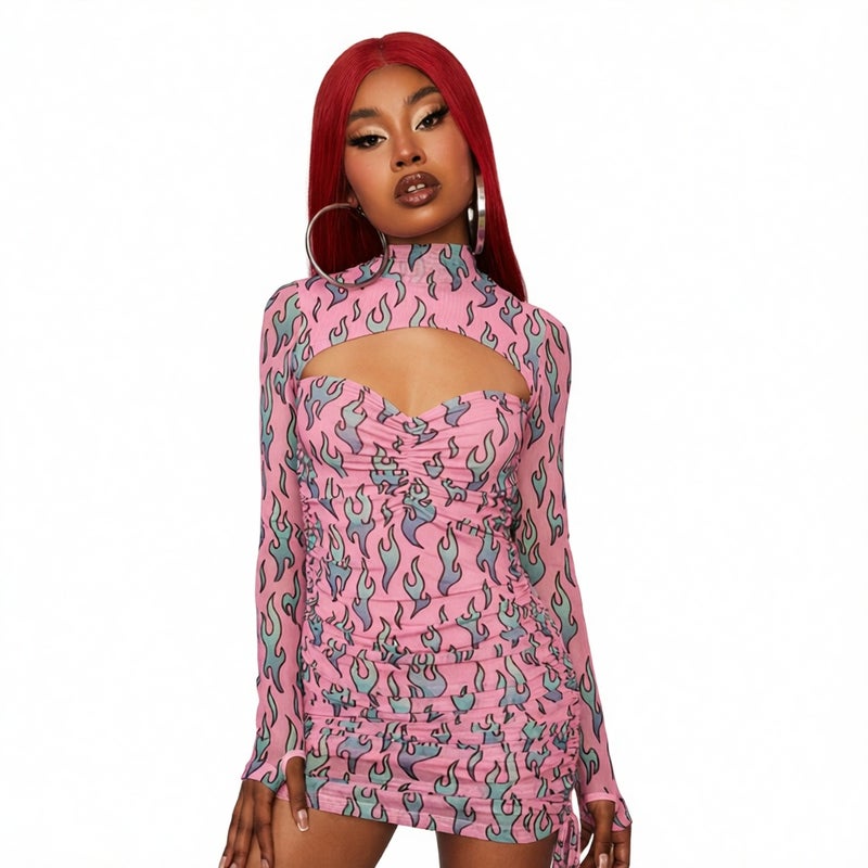 Sexy Drawstring Long Sleeve Printed Dress