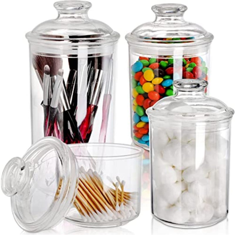 4 Pack Clear Plastic Apothecary Jars, Storage Canisters with Airtight Lids, Cotton Ball Holder for Bathroom, Candy, Cookie Organizer, for Bath Salt, Vanity, 33 Oz, 23 Oz, 13 Oz - Image 1