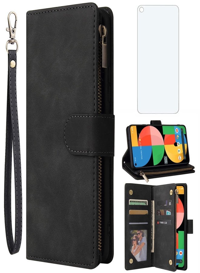 Asuwish Compatible with Google Pixel 5a 5G Wallet Case Tempered Glass Screen Protector and Leather Flip Cover Card Holder Cell Phone Cases for Pixel5a5G Pixel5a a5 G5 Pixle 5a5G 2021 Women Men Black - Image 1