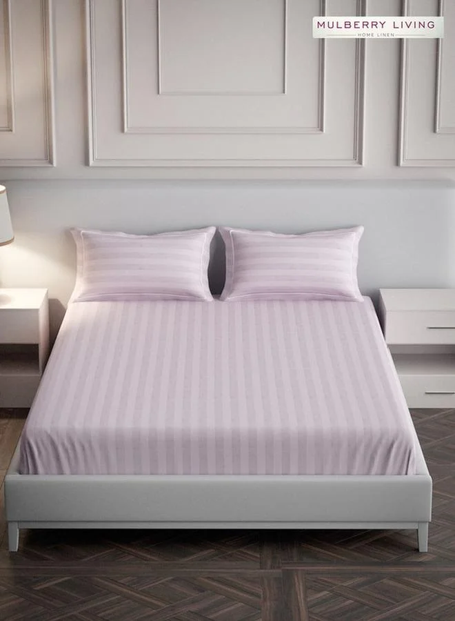 Mulberry Living 100% Cotton Queen Fitted Bedsheet With 2 Pillow Covers - 300Tc Elysian Stripes - Cameo Rose