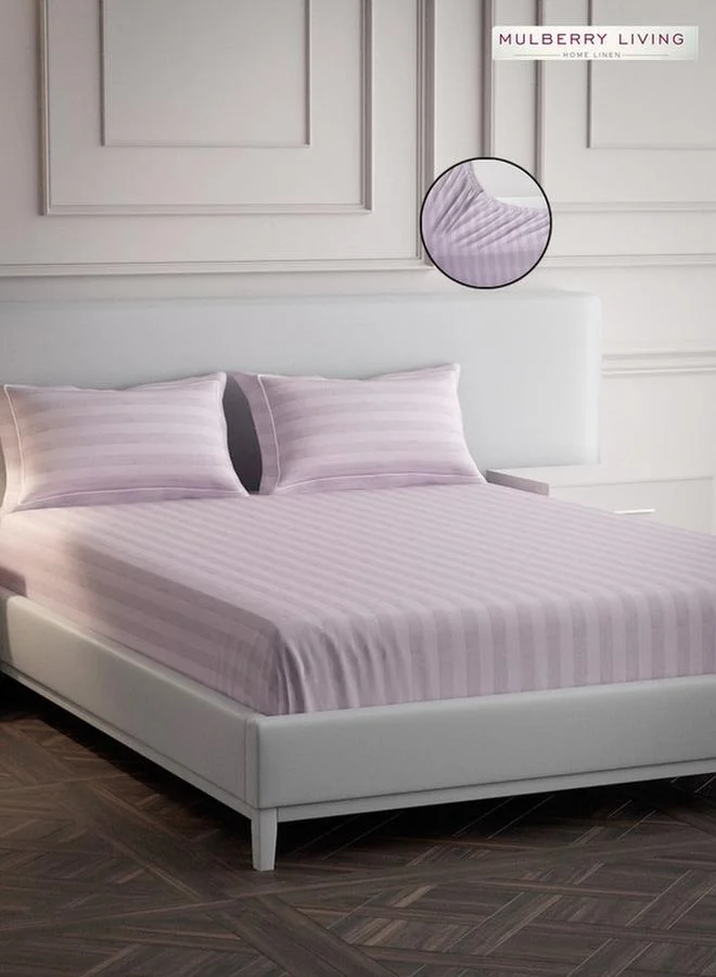 Mulberry Living 100% Cotton Queen Fitted Bedsheet With 2 Pillow Covers - 300Tc Elysian Stripes - Cameo Rose