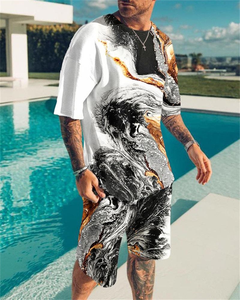 Foreign trade summer 2024 new European and American trend 3d digital printing short sleeve mens casual beach pants suit DE-565+DK-389 