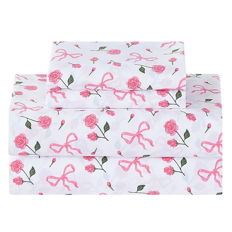 Softan Pink Floral Queen Bed Sheets, Cozy Microfiber Flower Printed Sheets with 15" Deep Pocket Fitted Sheet & Non-Slip Straps, Patterned Pink Rose - Bow Sheets & Pillowcase Set - Image 1