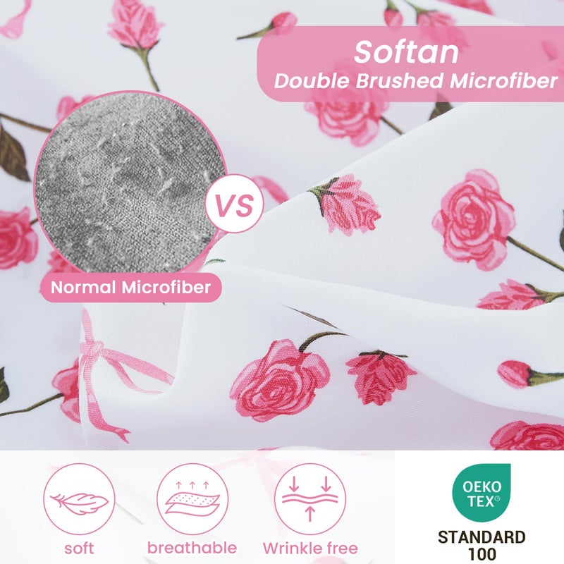 Softan Pink Floral Queen Bed Sheets, Cozy Microfiber Flower Printed Sheets with 15" Deep Pocket Fitted Sheet & Non-Slip Straps, Patterned Pink Rose - Bow Sheets & Pillowcase Set - Image 3