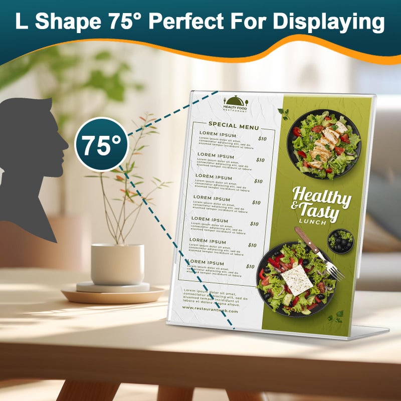 XINANDE 12 Pack Acrylic Sign Holder 8.5x11 Inches, Clear Plastic Table Paper Display Stand, L-Shape Vertical Menu Holder Stand, Clear Picture Photo Flyer Display Stand for Restaurants, Store, Office Desktop - Image 5