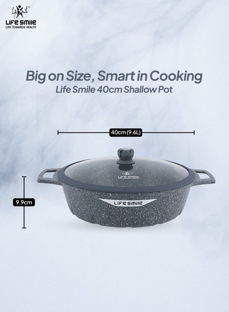 Life Smile وعاء ضحل غير لاصق من الجرانيت 40 سم مع غطاء زجاجي | قاعدة تحريض | طلاء جرانيت متعدد الطبقات | سعة 9.6 لتر - Image 3