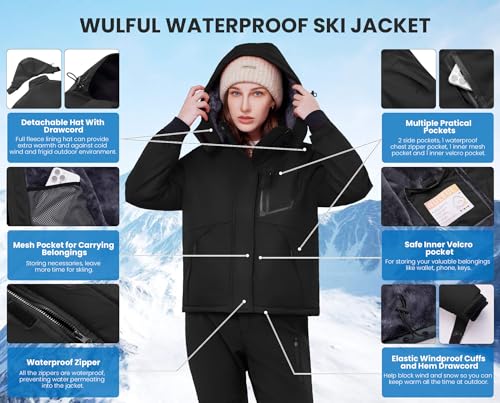 WULFUL Women's Waterproof Ski Jacket Warm Winter Coats Windproof Winter Jackets for Women Fleece Lined Windbreaker with Hood - Image 5