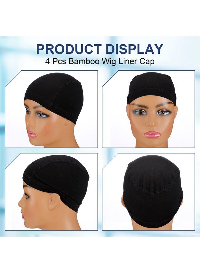 4 Pcs Bamboo Fiber Wig Cap Bamboo Wig Liner Cap For Women Hairloss Elastic Breathable Bald Cap Under Wigs (Black, Beige)