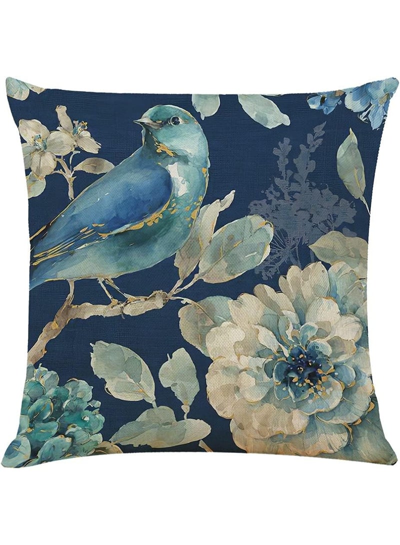 SHAOZHEN Throw Pillow Covers Set of 4 Navy Blue Cushion Covers 45cm x 45cm with Floral and Birds Linen Square Decorative Throw Pillow Cases for Living Room Sofa Couch Bed Pillowcases 18 x 18 inch - Image 5