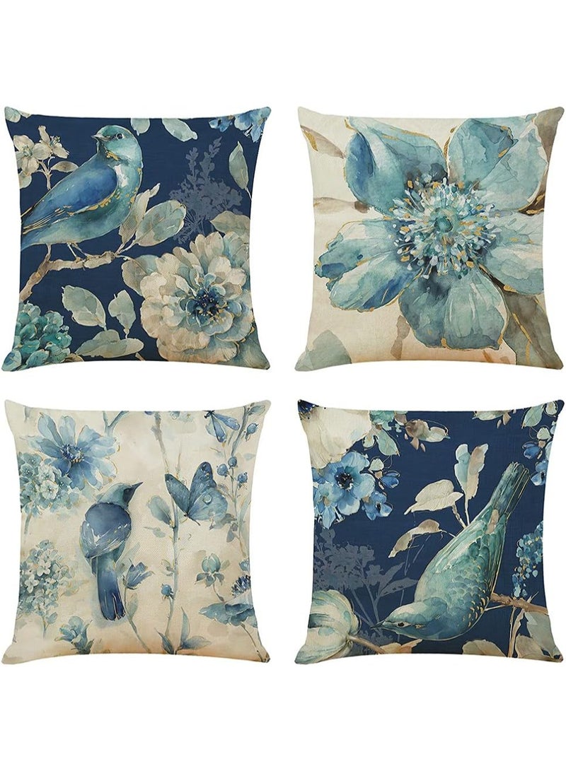 SHAOZHEN Throw Pillow Covers Set of 4 Navy Blue Cushion Covers 45cm x 45cm with Floral and Birds Linen Square Decorative Throw Pillow Cases for Living Room Sofa Couch Bed Pillowcases 18 x 18 inch - Image 1