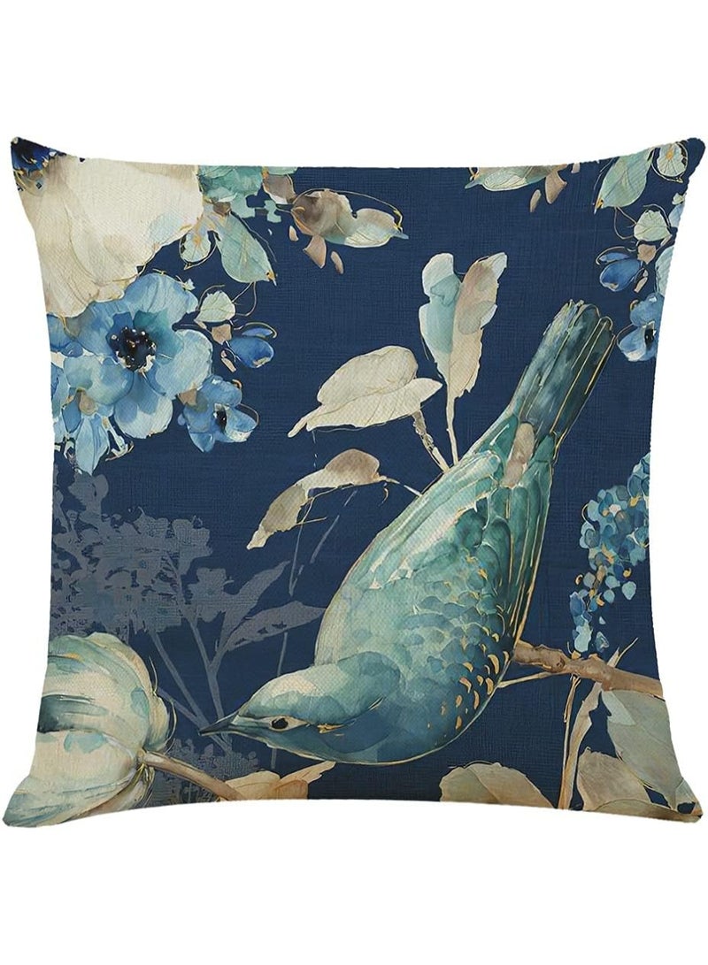 SHAOZHEN Throw Pillow Covers Set of 4 Navy Blue Cushion Covers 45cm x 45cm with Floral and Birds Linen Square Decorative Throw Pillow Cases for Living Room Sofa Couch Bed Pillowcases 18 x 18 inch - Image 3