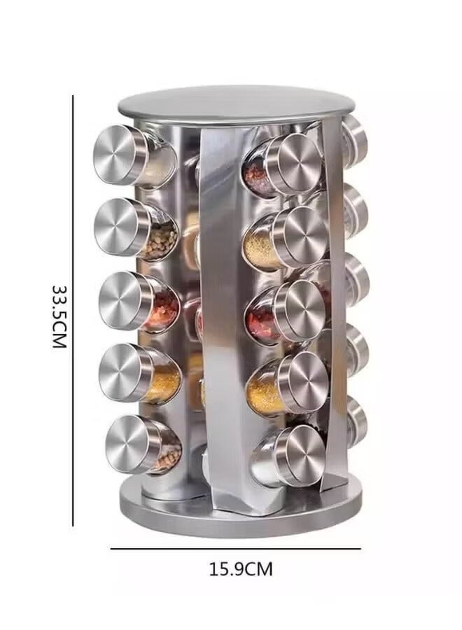 أجريون رف دوار منظم للتوابل و البهارات مع 20 علبة زجاجية فضي - Image 3