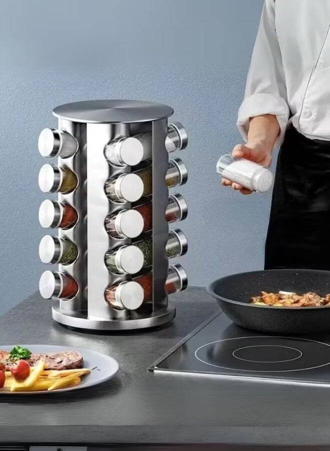 أجريون رف دوار منظم للتوابل و البهارات مع 20 علبة زجاجية فضي - Image 4