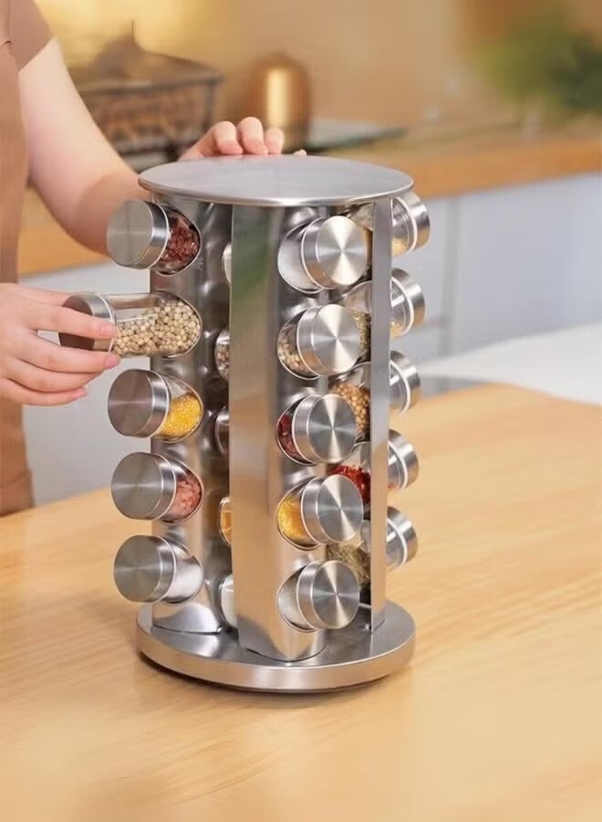 أجريون رف دوار منظم للتوابل و البهارات مع 20 علبة زجاجية فضي - Image 2
