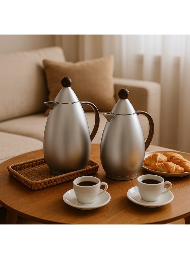 LALOZA ✨ Premium Thermos Set – 2 Pieces | Matte Silver Finish with Wooden Touch (1L Each) ✨ - Image 1