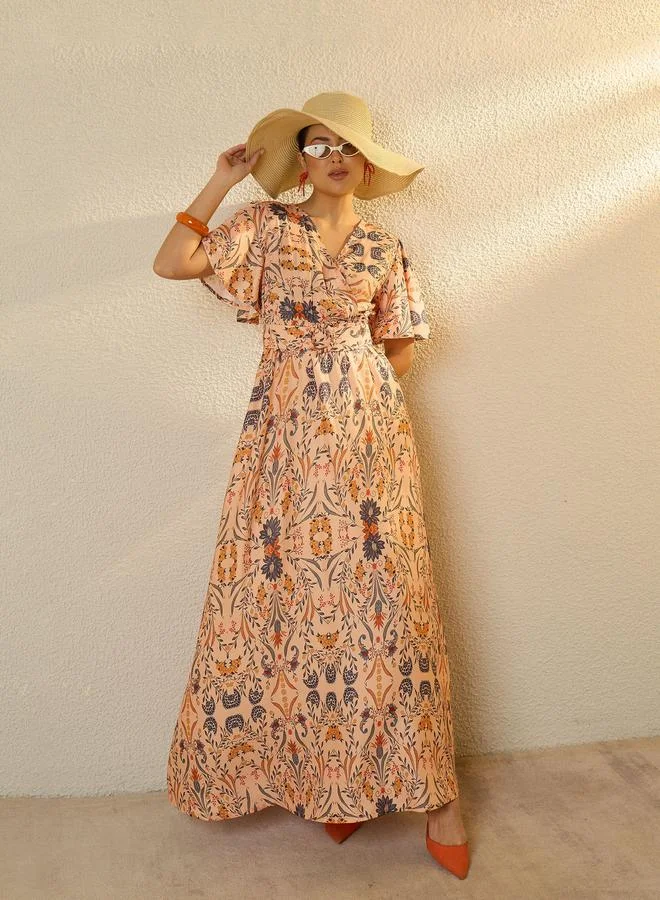 SASSAFRAS Peach Floral Print Flared Sleeve Belted Maxi Dress