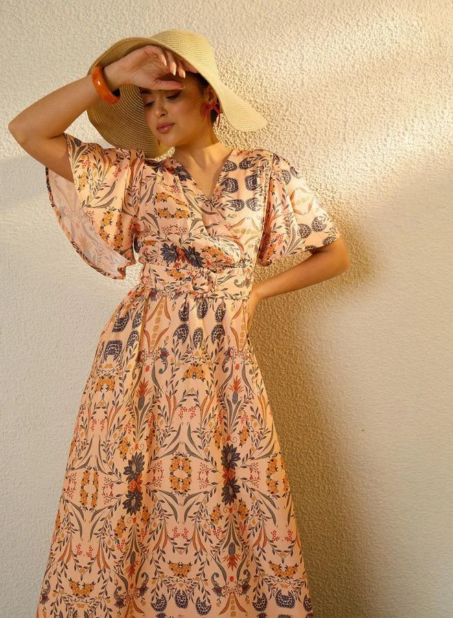 SASSAFRAS Peach Floral Print Flared Sleeve Belted Maxi Dress