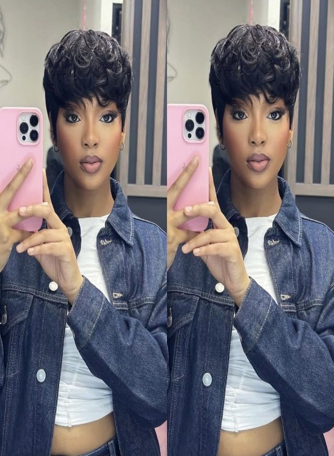 HOTKIS Pixie Cut Wigs Human Hair with Natural Wavy Short Wigs for Black Women Short Brown Pixie Wigs Human Hair Glueless Layered Cut Brazilian Hair Short Curly Bob Wig - Image 3