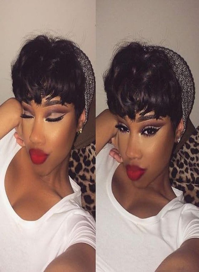 HOTKIS Pixie Cut Wigs Human Hair with Natural Wavy Short Wigs for Black Women Short Brown Pixie Wigs Human Hair Glueless Layered Cut Brazilian Hair Short Curly Bob Wig - Image 1
