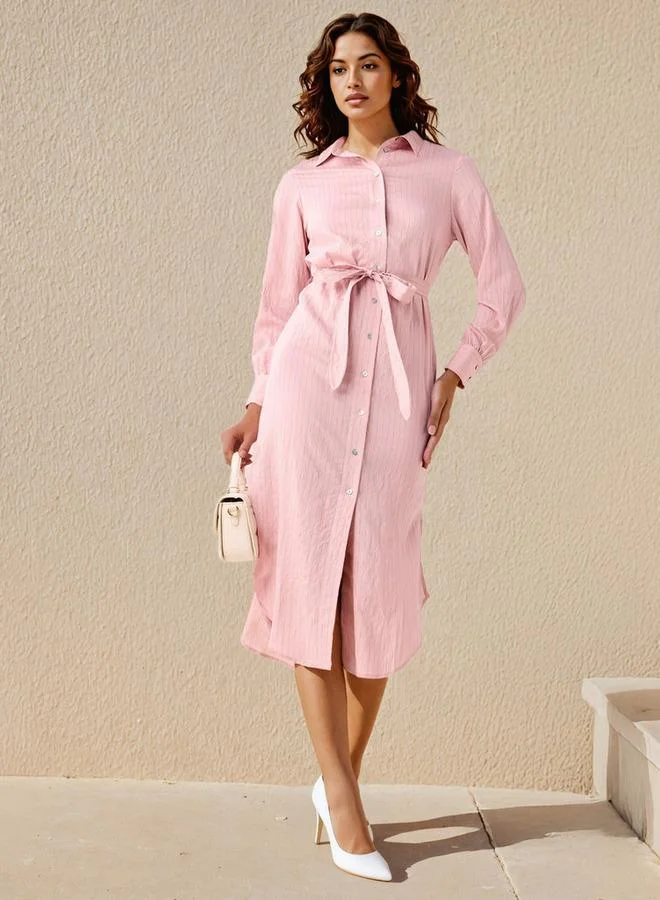 Splash FAV Striped Midi Shirt Dress with Belt