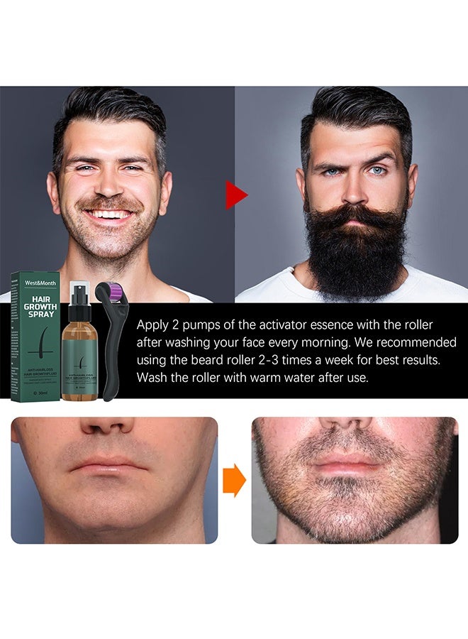 West&Month Hair Growth Spray,Beard Growth Spray Set for Men Nourishing Moisturizing Moustache Growth Enhancer Anti Hair Loss Care Serum with Beard Roller 30ml - Image 5