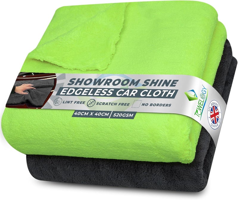 Towelogy® 520gsm Professional Microfibre Edgeless Car Cloths - Pack of 2 (Grey/Neon Green) - Image 1
