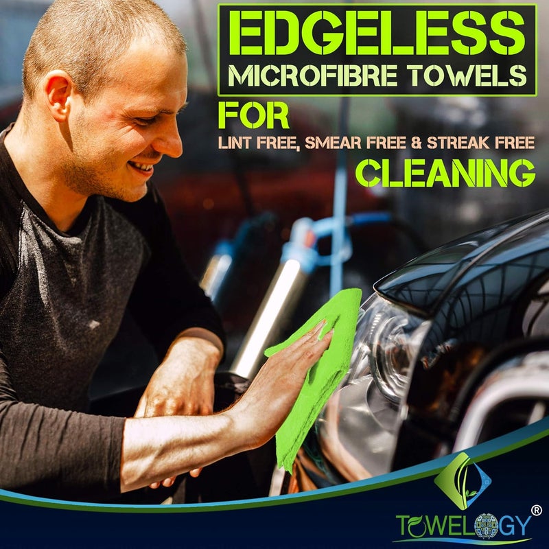 Towelogy® 520gsm Professional Microfibre Edgeless Car Cloths - Pack of 2 (Grey/Neon Green) - Image 5