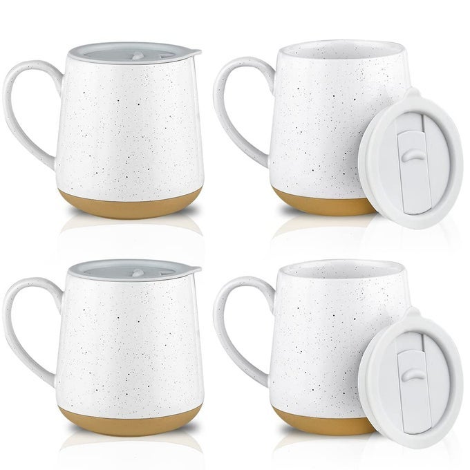 CERAMIC COFFEE MUG WITH LID 17OZ SET OF 4 LARGE HANDLE CUPS FOR TEA AND MORE FARMHOUSE STYLE WHITE