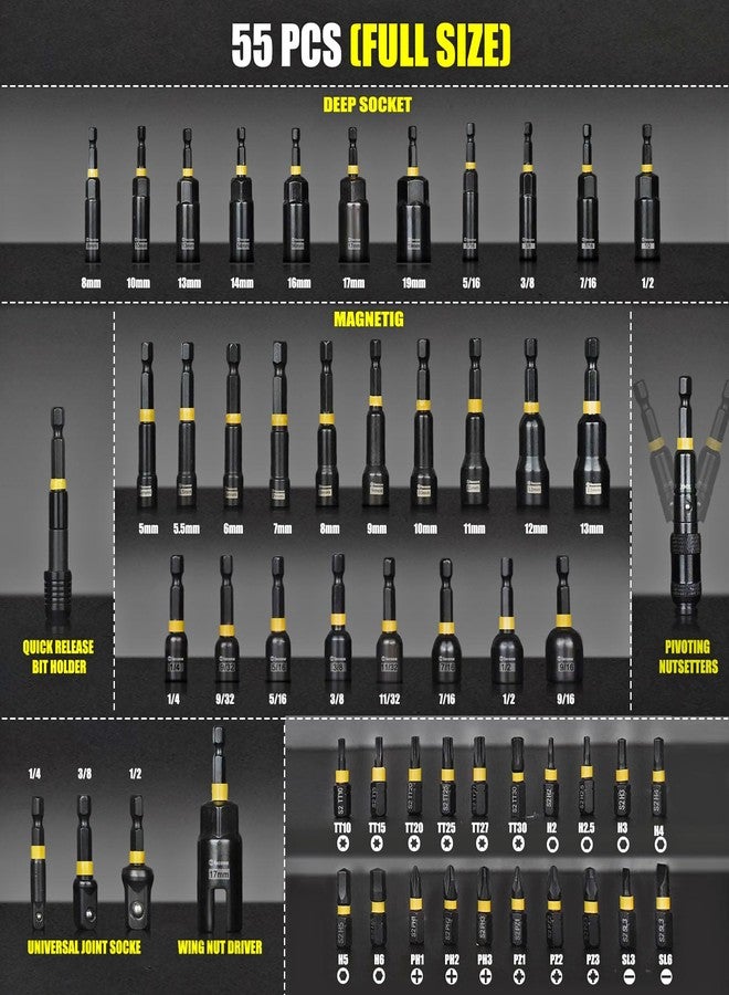 Facoow 55PCS Impact Nut Driver Set, Magenetic Nut Driver Set for Impact Drills and Premium Deep Drivers, Wing Nut Setters, 1/4'' Quick Change, Bit Extention, S2 Steel Bits, Pivoting Nut Setter - Image 2