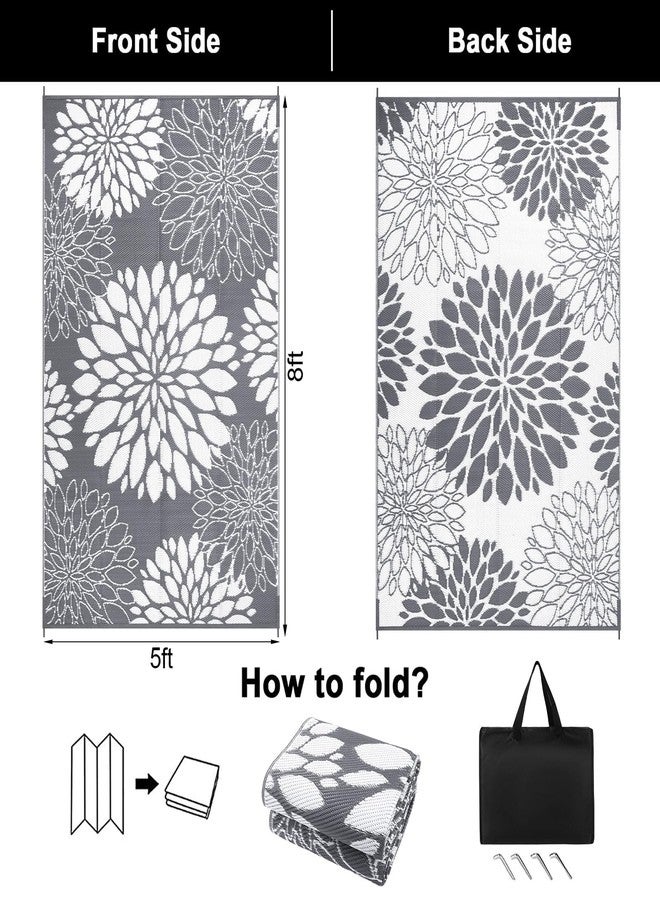 Ileading Reversible Outdoor Rug 5x8Ft Waterproof Patio Rug Carpet Portable Outdoor Plastic Straw Rug Large RV Camping Mat Rug for Patio, Clearance, Deck, Beach, Porch, Camping, Picnic, Flower Grey - Image 2