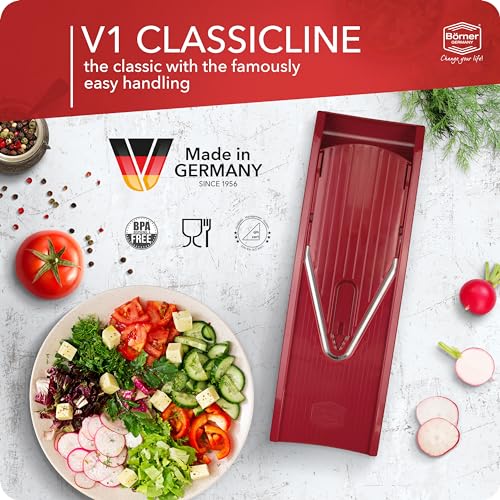 Börner Mandoline Slicer V1 (Professional Set) • V-Slicer with 4 Inserts, Fruit Holder, Docking Station, Box • Adjustable Vegetable Slicer • Cuts into Slices, Strips & Dices • Color: Red - Image 4