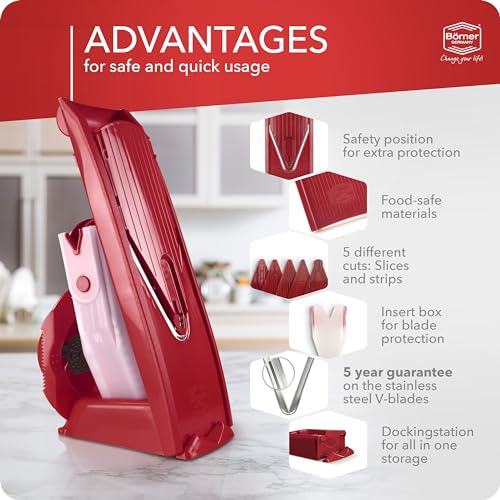 Börner Mandoline Slicer V1 (Professional Set) • V-Slicer with 4 Inserts, Fruit Holder, Docking Station, Box • Adjustable Vegetable Slicer • Cuts into Slices, Strips & Dices • Color: Red - Image 5