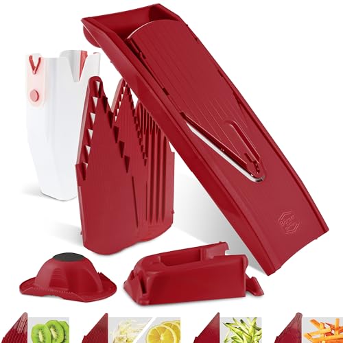 Börner Mandoline Slicer V1 (Professional Set) • V-Slicer with 4 Inserts, Fruit Holder, Docking Station, Box • Adjustable Vegetable Slicer • Cuts into Slices, Strips & Dices • Color: Red - Image 1