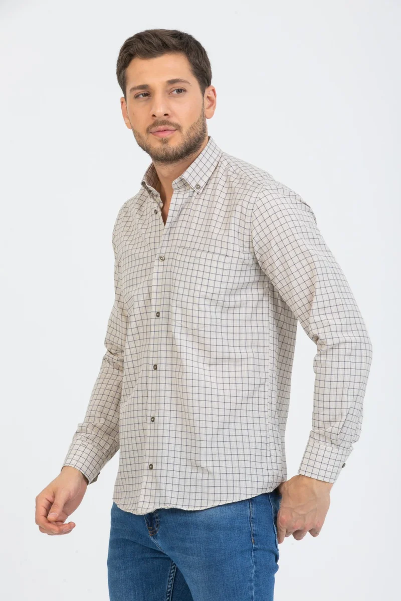 فاريتا Men's Beige Color Checked Long Sleeve Pocket Collar Buttoned Men's Shirt