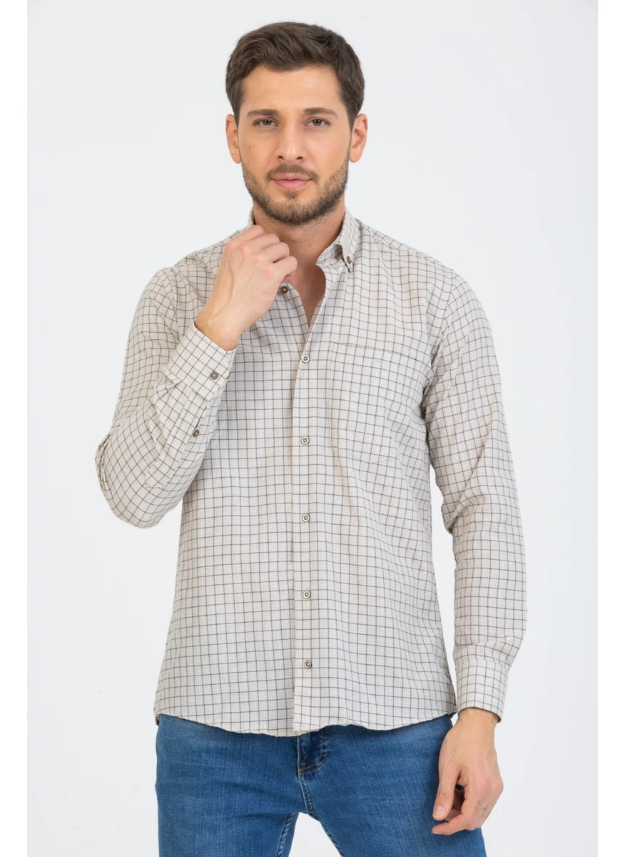 Varetta Men's Beige Color Checked Long Sleeve Pocket Collar Buttoned Men's Shirt