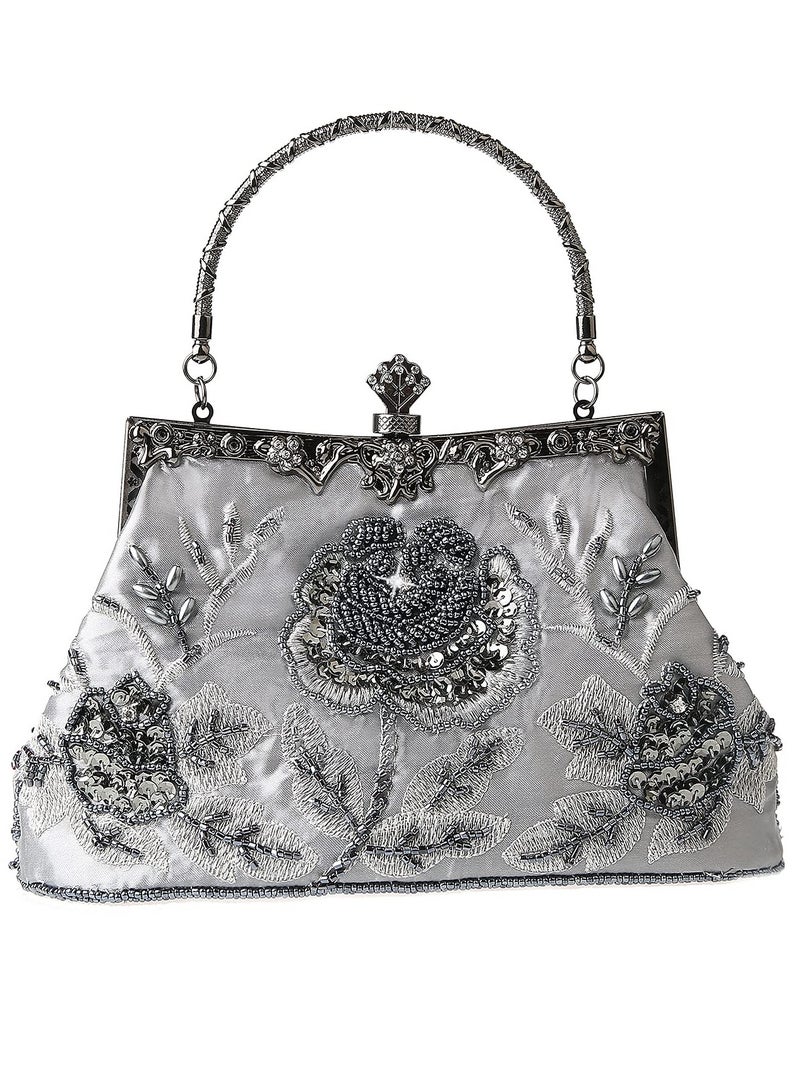 Womens Vintage Floral Beaded Rhinestone Embroidery Clutch - Sequin Crossbody Bag Evening Handbag for Bridal Wedding Party Prom - Image 1