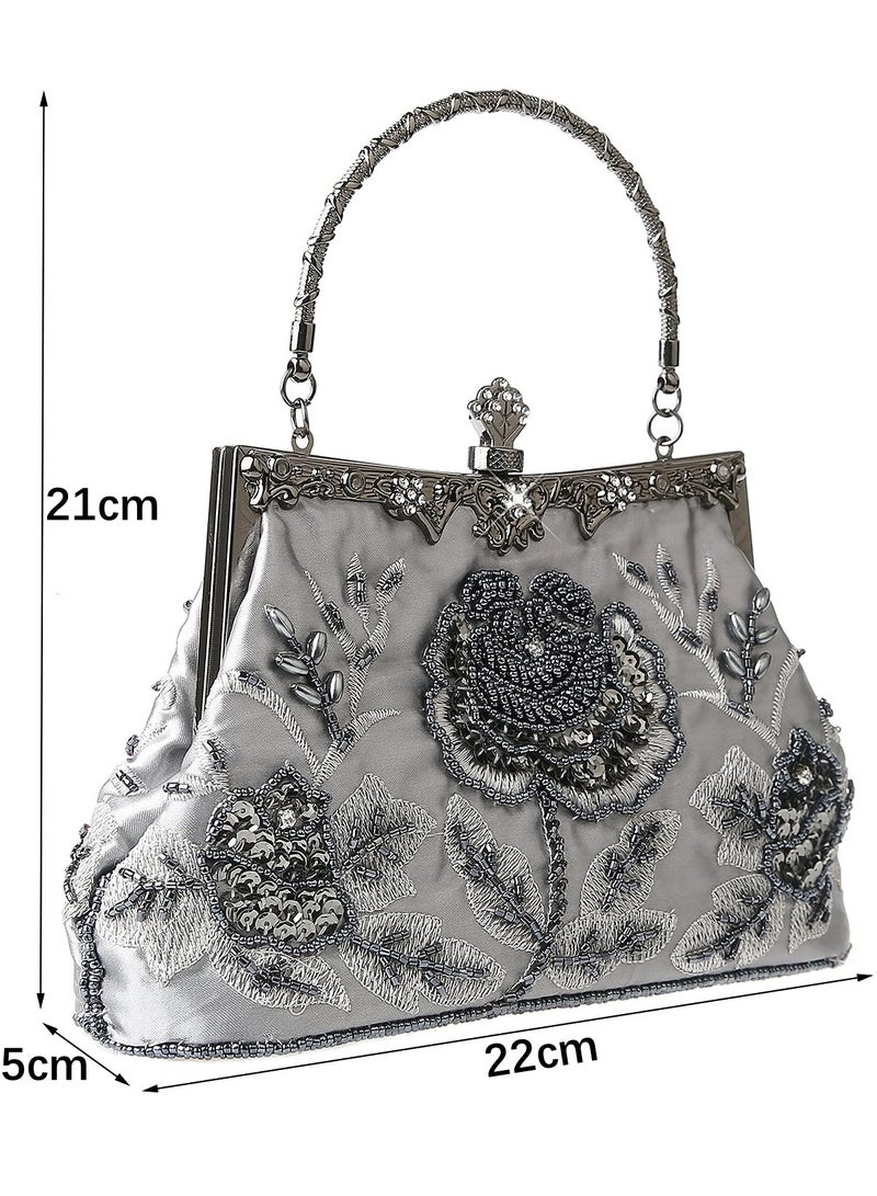 Womens Vintage Floral Beaded Rhinestone Embroidery Clutch - Sequin Crossbody Bag Evening Handbag for Bridal Wedding Party Prom - Image 2
