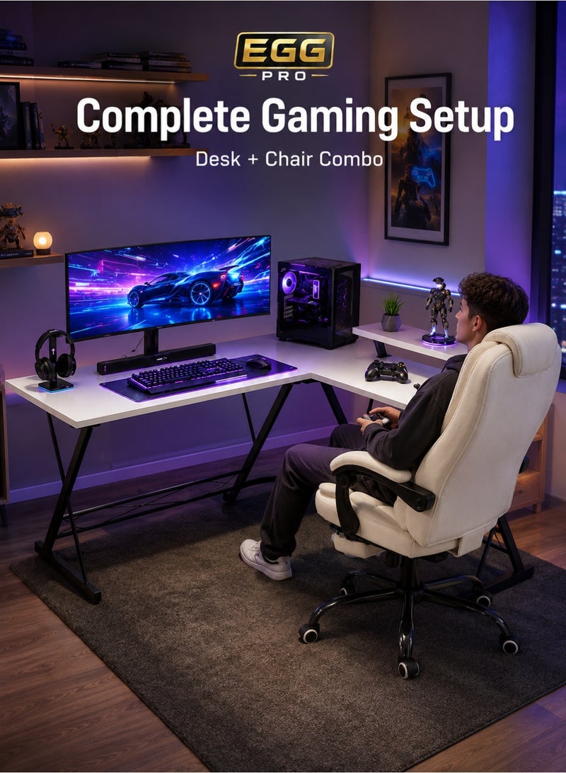 EGG PRO 2-Piece Gaming Desk and Chair Bundle, L-Shaped Computer Desk with Raised Monitor Shelf + Ergonomic High-Back Office Gaming Chair with Retractable Footrest, Swivel Wheels, Home Office & Gaming Setup, White - Image 4