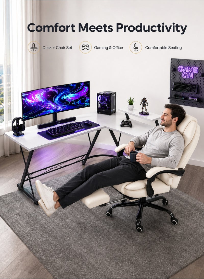 EGG PRO 2-Piece Gaming Desk and Chair Bundle, L-Shaped Computer Desk with Raised Monitor Shelf + Ergonomic High-Back Office Gaming Chair with Retractable Footrest, Swivel Wheels, Home Office & Gaming Setup, White - Image 3